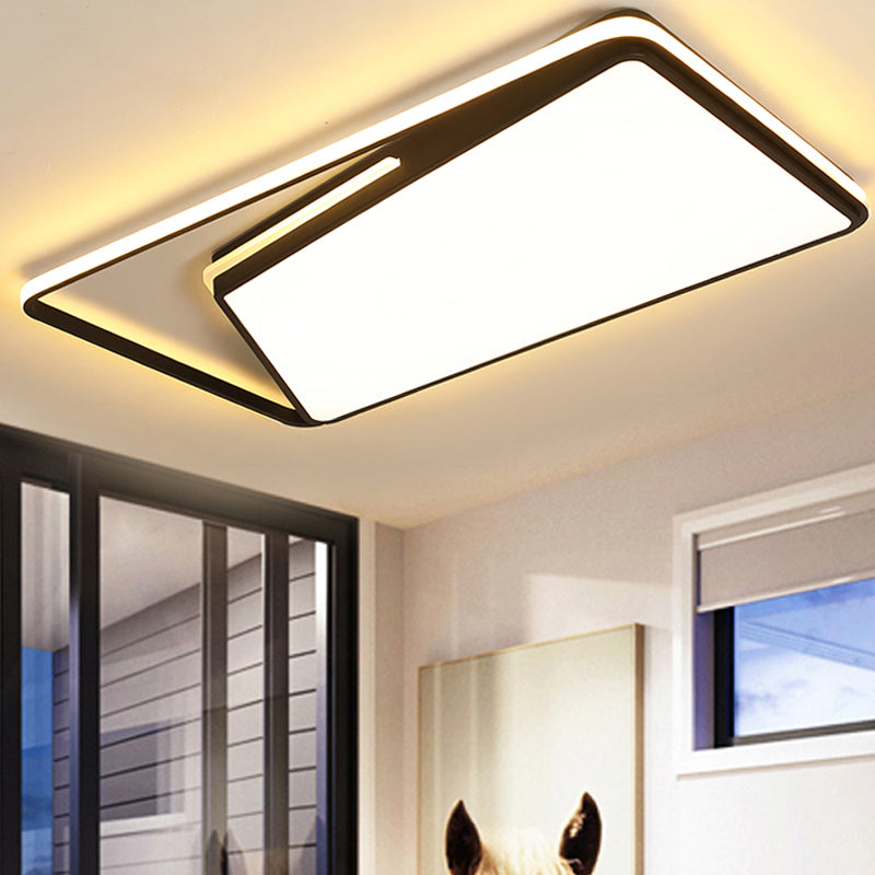 Modern Rectangle Ceiling Mounted LED Flush Light Fixture for Living Room - Black/White, with Warm/White/3 Color Light Options