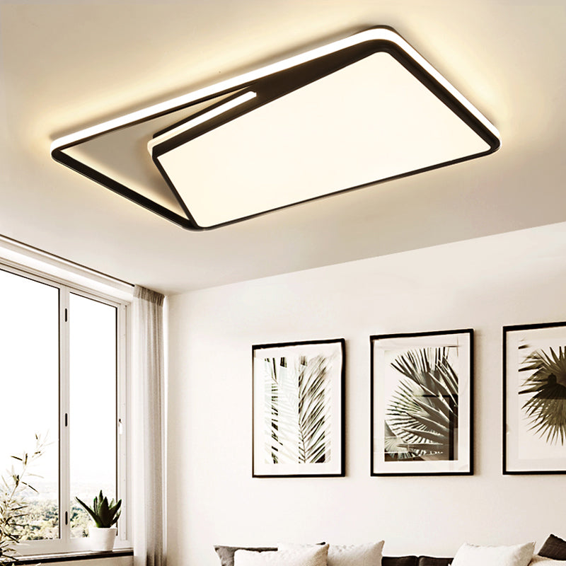 Modern Rectangle Ceiling Mounted LED Flush Light Fixture for Living Room - Black/White, with Warm/White/3 Color Light Options