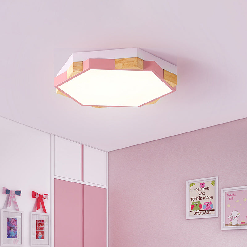 Hexagon LED Flushmount Ceiling Lamp in Pink/Yellow/Blue with Metal Shade, Warm/White Light