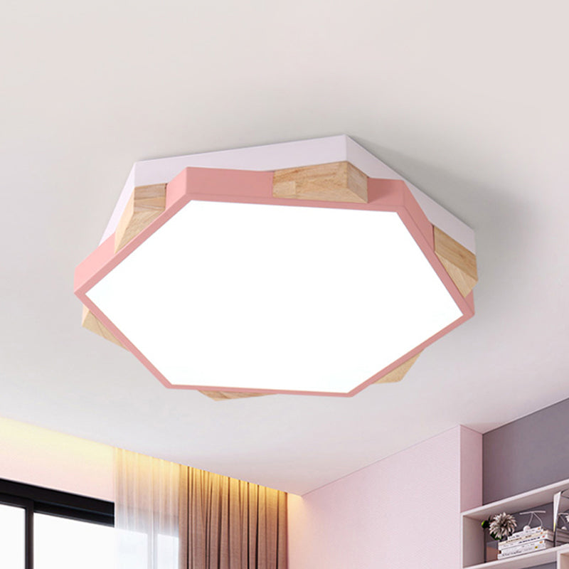 Hexagon LED Flushmount Ceiling Lamp in Pink/Yellow/Blue with Metal Shade, Warm/White Light