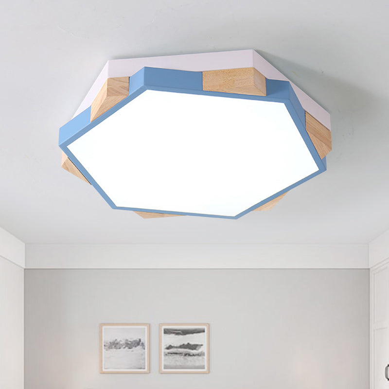 Hexagon LED Flushmount Ceiling Lamp in Pink/Yellow/Blue with Metal Shade, Warm/White Light