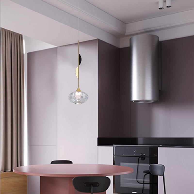Brass Hanging Ceiling Pendant Light, Clear Seeded Glass Oval, Contemporary Style, 1-Light