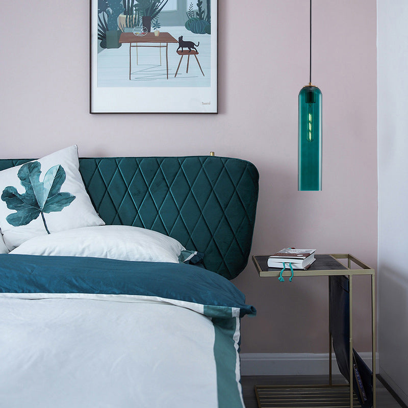 Lampe suspendue tubulaire en verre vert nordique - Lampe de plafond élégante pour chambre à coucher