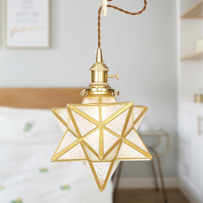 Star Shaped Pendant Light: Postmodern Clear/Frosted Glass with Brass Brass Hanging Kit & Adjustable Rope