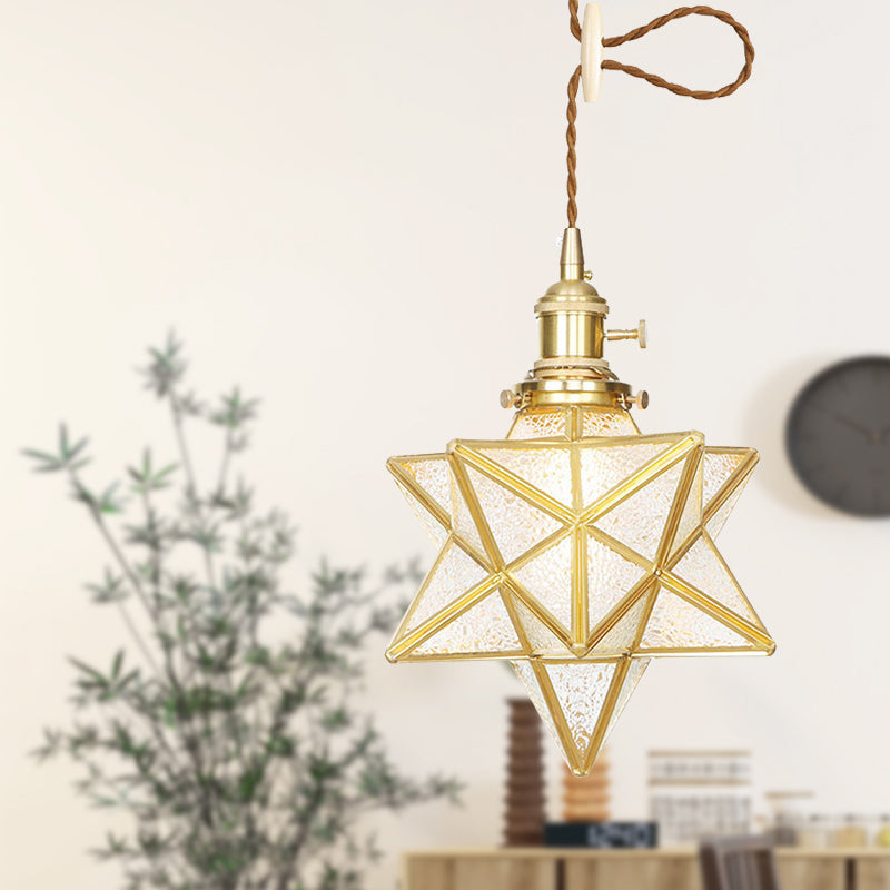 Star Shaped Pendant Light: Postmodern Clear/Frosted Glass with Brass Brass Hanging Kit & Adjustable Rope