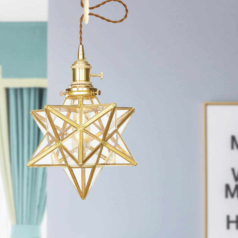Star Shaped Pendant Light: Postmodern Clear/Frosted Glass with Brass Brass Hanging Kit & Adjustable Rope
