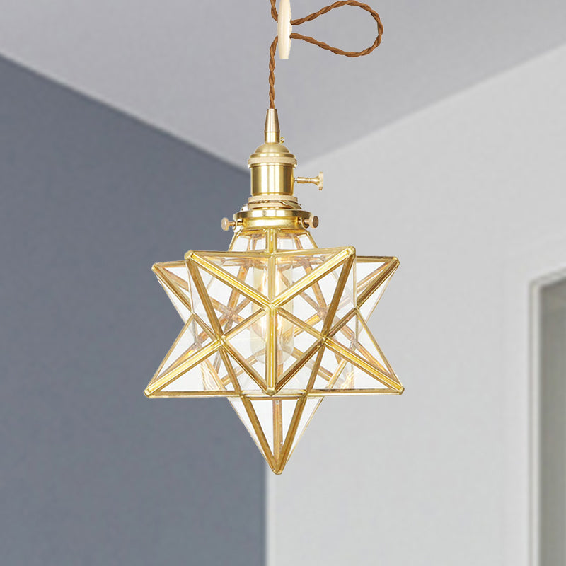 Star Shaped Pendant Light: Postmodern Clear/Frosted Glass with Brass Brass Hanging Kit & Adjustable Rope