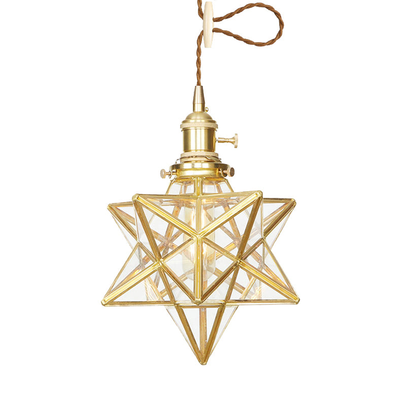 Star Shaped Pendant Light: Postmodern Clear/Frosted Glass with Brass Brass Hanging Kit & Adjustable Rope