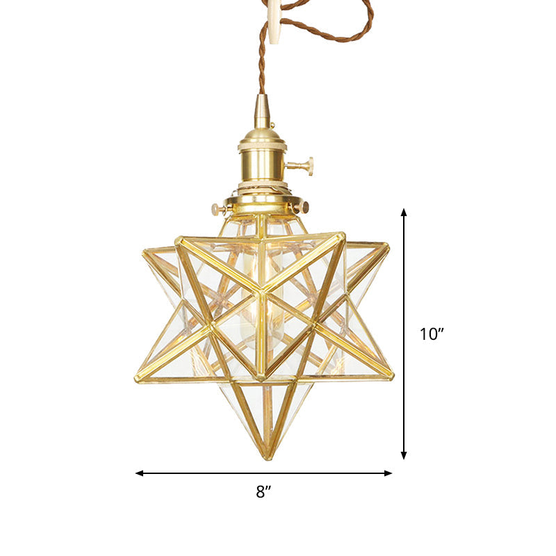Star Shaped Pendant Light: Postmodern Clear/Frosted Glass with Brass Brass Hanging Kit & Adjustable Rope
