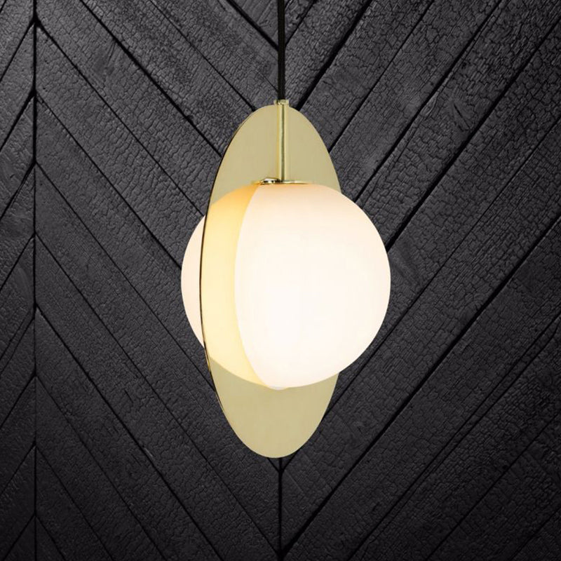 Modern Glass Pendant Lamp with Gold Ring - Globe White, 1 Head Ceiling Hanging Light