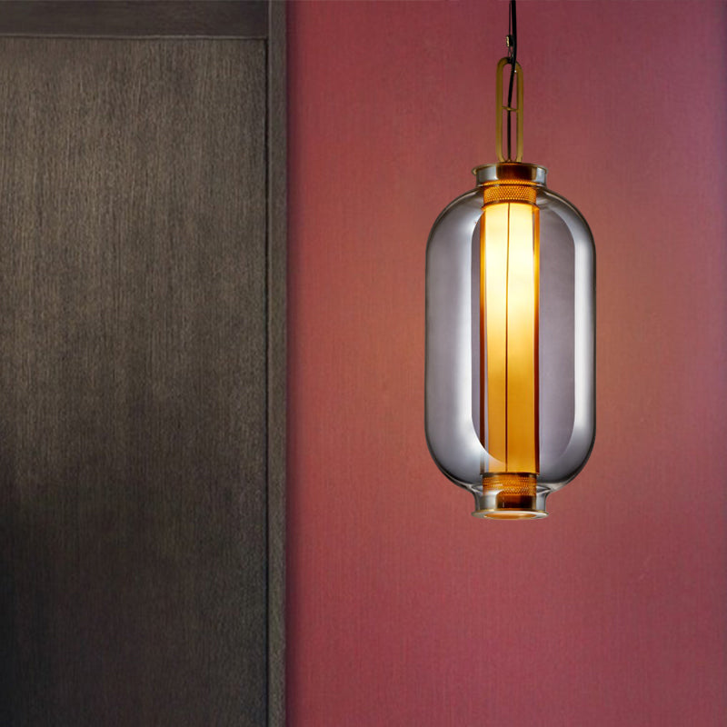 Modernist Smoke Glass Cylindrical Suspension Light - Stylish 1 Bulb Hanging Lamp For Living Room