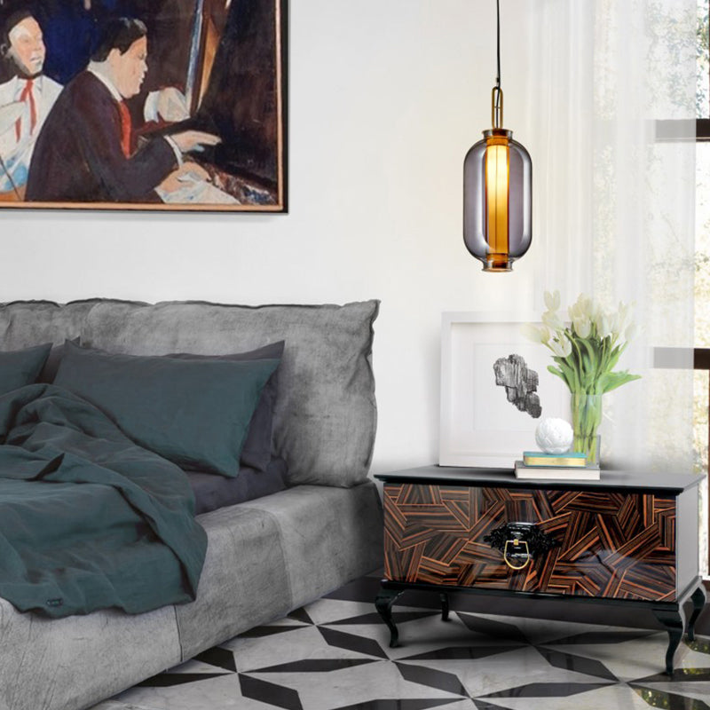 Modernist Smoke Glass Cylindrical Suspension Light - Stylish 1 Bulb Hanging Lamp For Living Room
