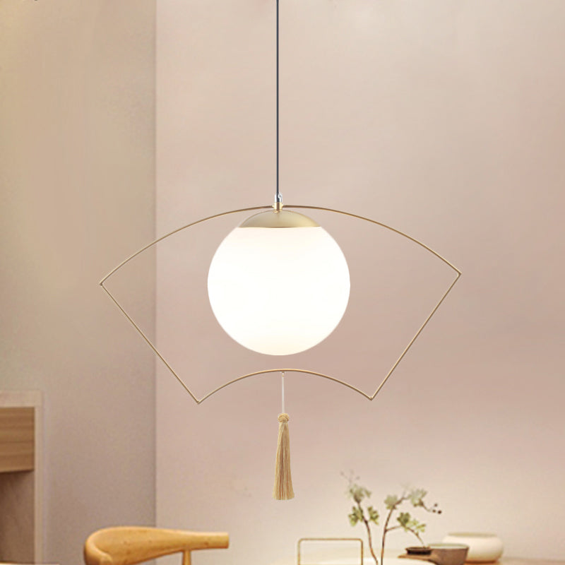 Modernist Milk Glass Globe Pendant Light with Gold Metal Frame - Bedroom Ceiling Hanging Fixture
