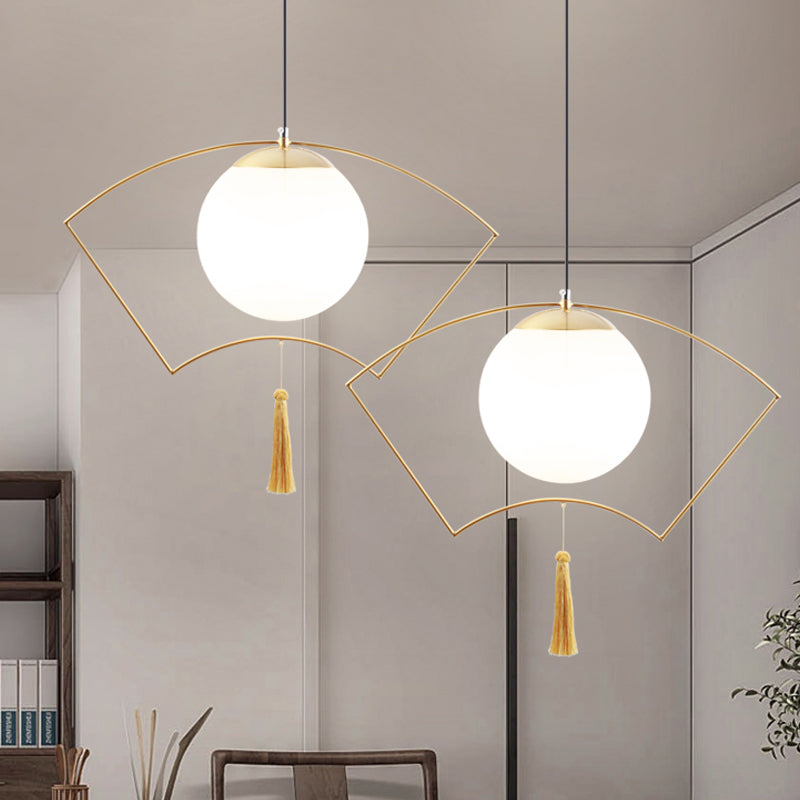 Modernist Milk Glass Globe Pendant Light with Gold Metal Frame - Bedroom Ceiling Hanging Fixture