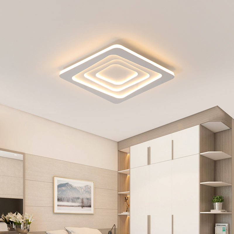 Modern Layered Square Ceiling Light - LED Flush Mount Lamp with Stepless Dimming, Remote Control - Metallic White Finish in Warm/White Light