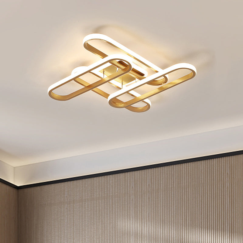 Plafonnier LED semi-encastré doré pour salon avec abat-jour ovale en acrylique - Lumière chaude/blanche