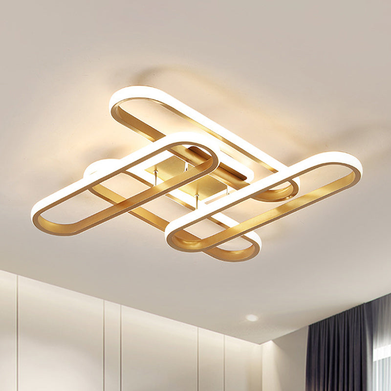 Plafonnier LED semi-encastré doré pour salon avec abat-jour ovale en acrylique - Lumière chaude/blanche