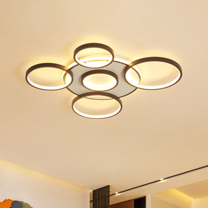 Modern 4/5-Halo Ring Black LED Flush Mount Light Fixture, Warm/White Light, 27.5"/33.5"W