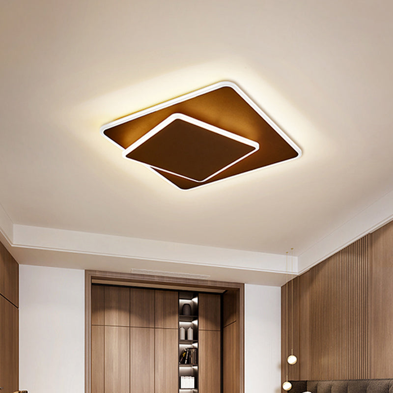 Modern Square Flush Mount LED Ceiling Light, White/Coffee Acrylic, 16"/19.5" Wide, Warm/White Lighting