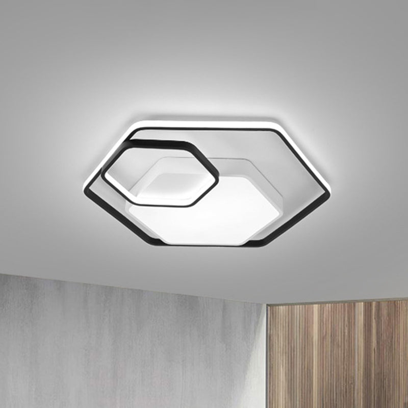 Hexagonal Ceiling Lamp - Modern Style, Metallic LED 21"/27" W, Black and White/White Flush Light for Bedroom - Warm/White/3 Color Light