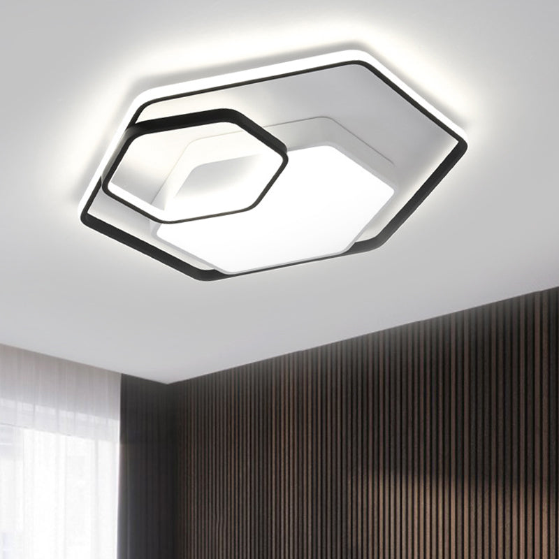 Hexagonal Ceiling Lamp - Modern Style, Metallic LED 21"/27" W, Black and White/White Flush Light for Bedroom - Warm/White/3 Color Light