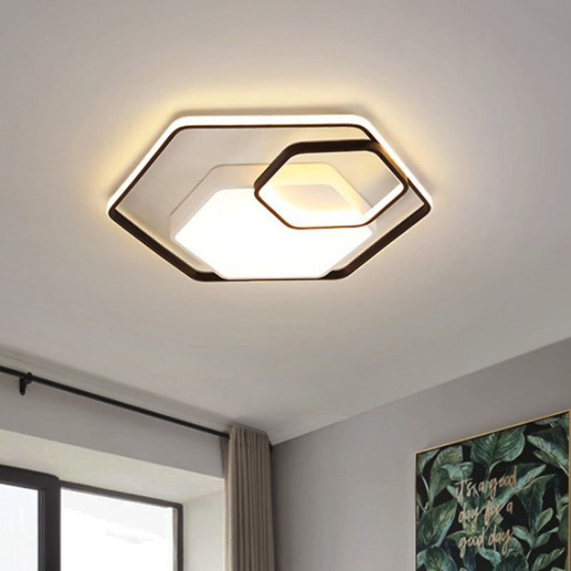 Hexagonal Ceiling Lamp - Modern Style, Metallic LED 21"/27" W, Black and White/White Flush Light for Bedroom - Warm/White/3 Color Light