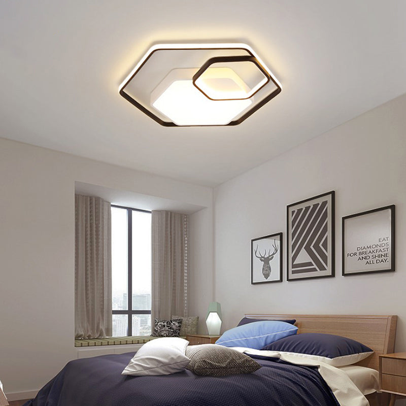 Hexagonal Ceiling Lamp - Modern Style, Metallic LED 21"/27" W, Black and White/White Flush Light for Bedroom - Warm/White/3 Color Light