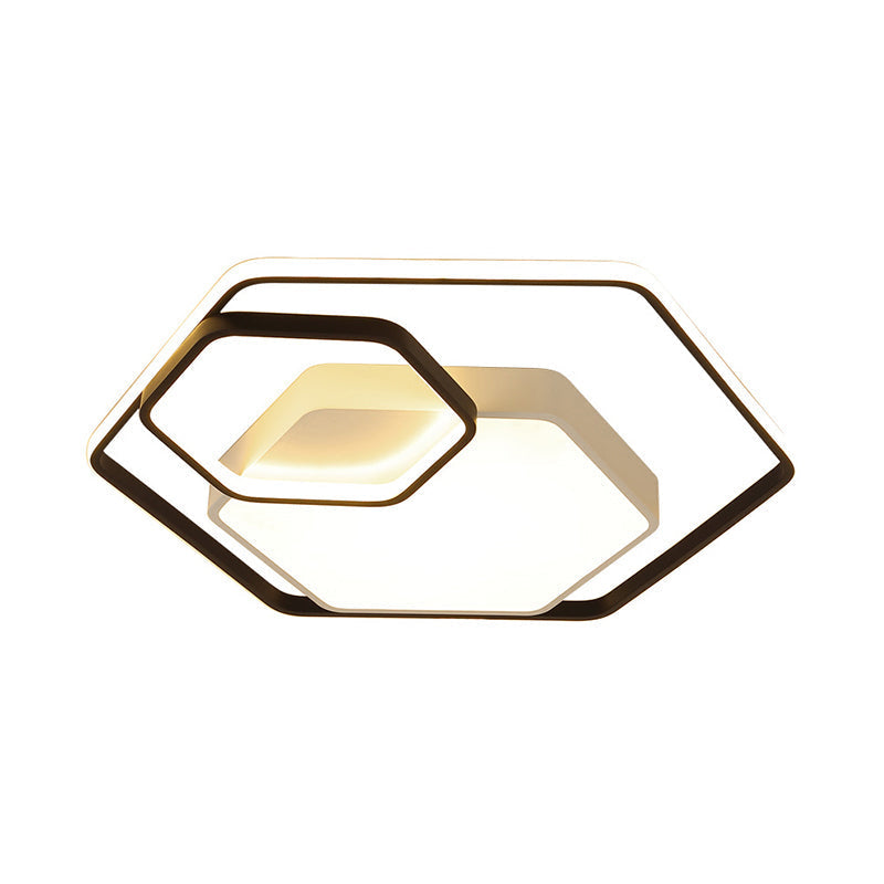 Hexagonal Ceiling Lamp - Modern Style, Metallic LED 21"/27" W, Black and White/White Flush Light for Bedroom - Warm/White/3 Color Light