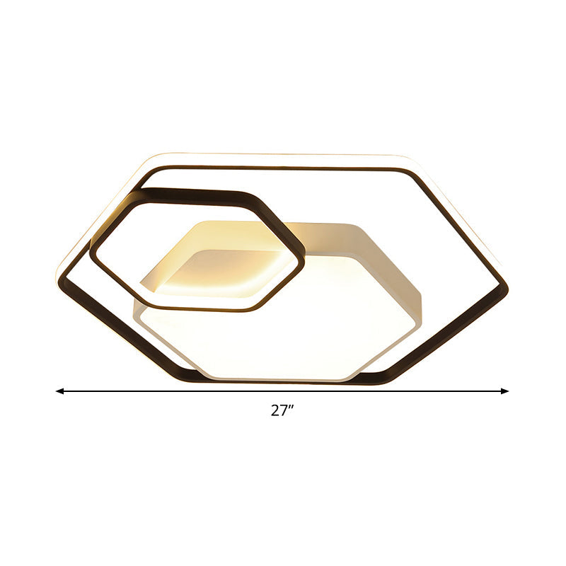 Hexagonal Ceiling Lamp - Modern Style, Metallic LED 21"/27" W, Black and White/White Flush Light for Bedroom - Warm/White/3 Color Light