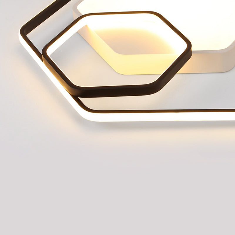 Hexagonal Ceiling Lamp - Modern Style, Metallic LED 21"/27" W, Black and White/White Flush Light for Bedroom - Warm/White/3 Color Light