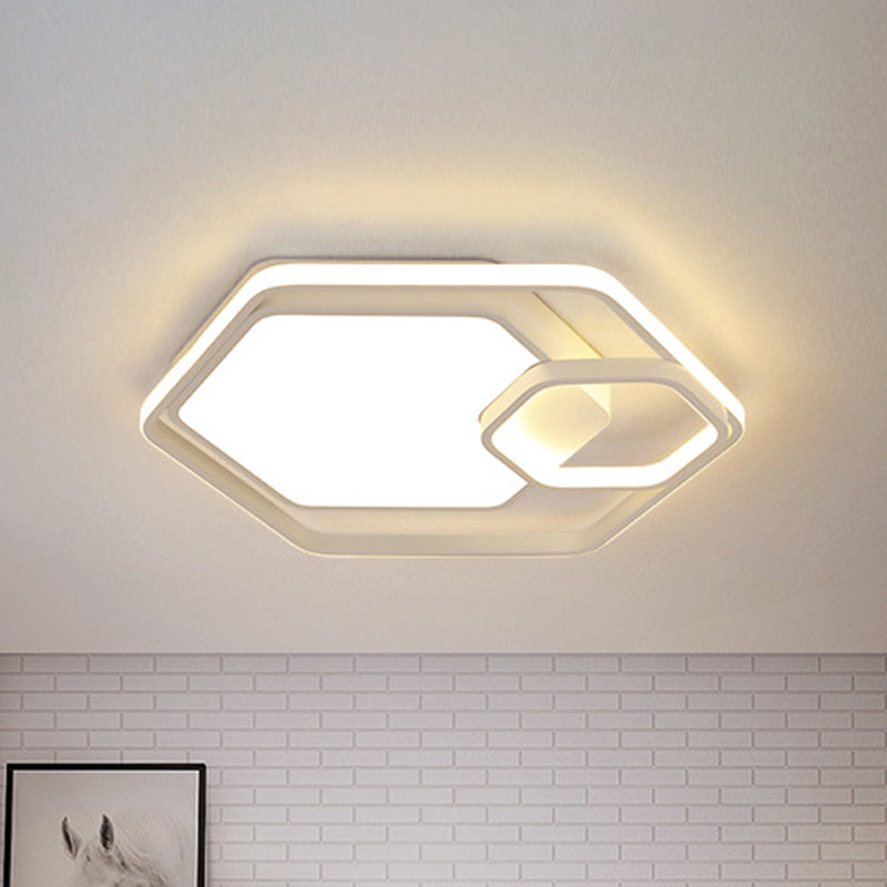 Hexagonal Ceiling Lamp - Modern Style, Metallic LED 21"/27" W, Black and White/White Flush Light for Bedroom - Warm/White/3 Color Light