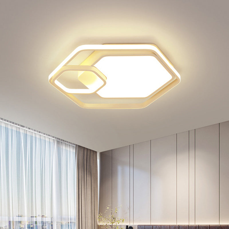 Hexagonal Ceiling Lamp - Modern Style, Metallic LED 21"/27" W, Black and White/White Flush Light for Bedroom - Warm/White/3 Color Light