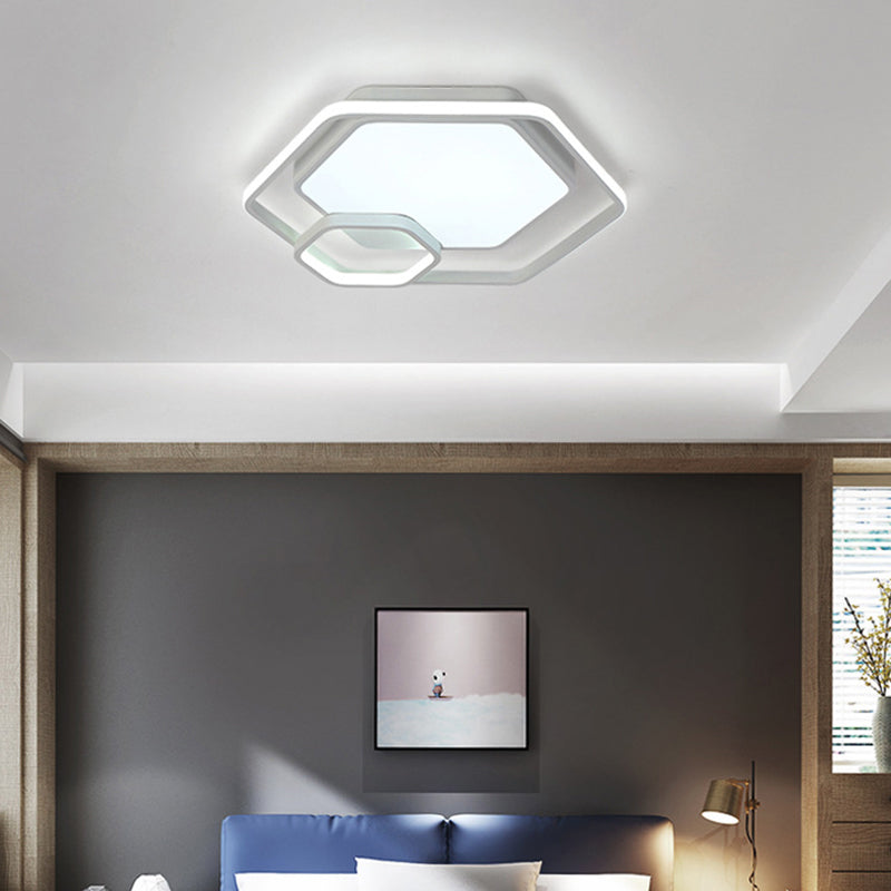 Hexagonal Ceiling Lamp - Modern Style, Metallic LED 21"/27" W, Black and White/White Flush Light for Bedroom - Warm/White/3 Color Light