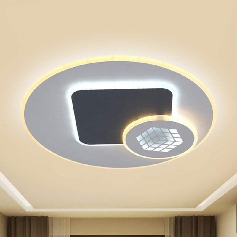 Modernist Acrylic Led Kids Room Flush Lamp: Grey & White Ceiling Light With Magic Cube Pattern