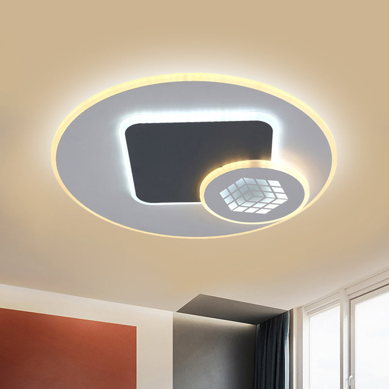 Modernist Acrylic Led Kids Room Flush Lamp: Grey & White Ceiling Light With Magic Cube Pattern