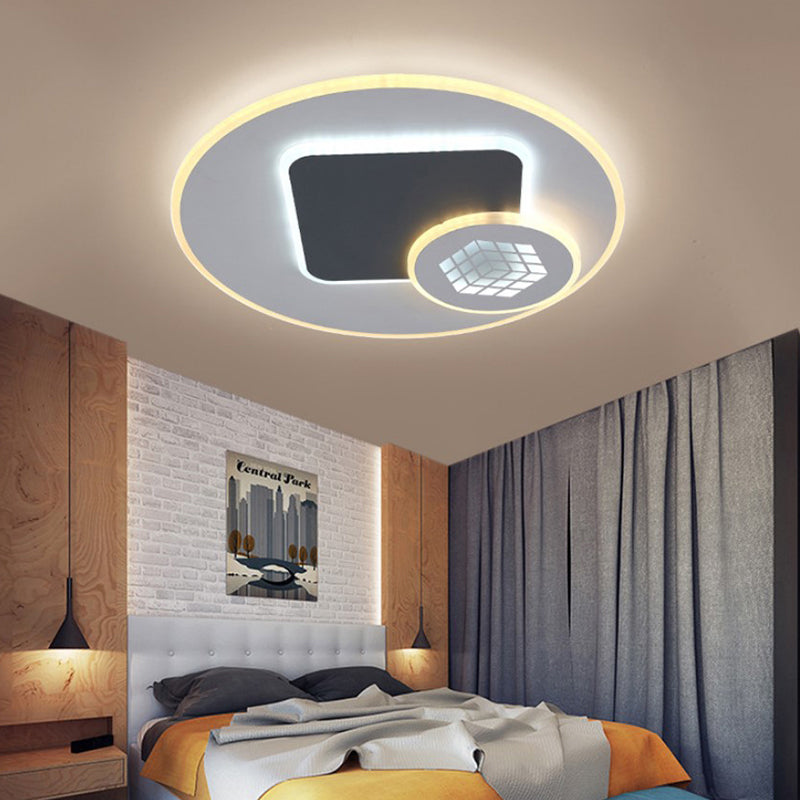 Modernist Acrylic LED Kid's Room Flush Lamp: Grey & White Ceiling Light with Magic Cube Pattern
