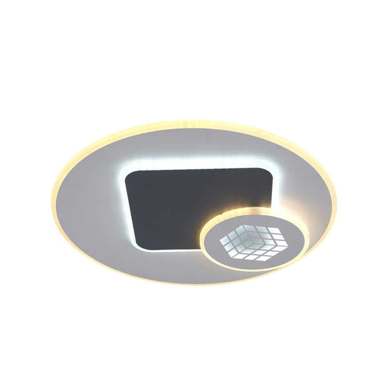 Modernist Acrylic LED Kid's Room Flush Lamp: Grey & White Ceiling Light with Magic Cube Pattern