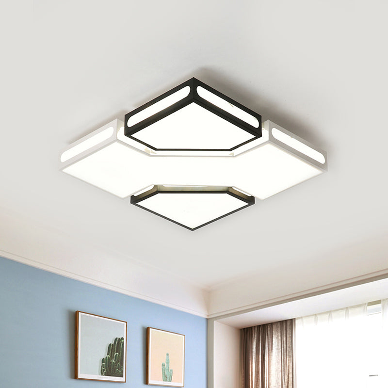 Modern LED Square Flush Lamp with Acrylic Ceiling Light Fixture - Black and White Design, White/3 Color Light