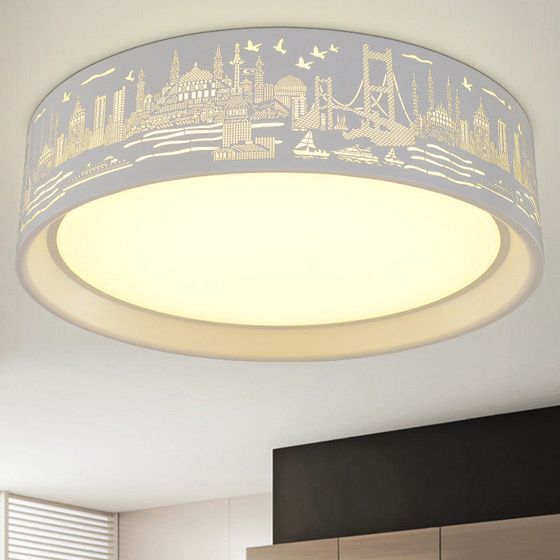 16.5"/20.5" Modern White Carved Metal Drum Flush Lamp with Metropolis Scene - LED Ceiling Light, Warm/White Light, Remote Control Dimming