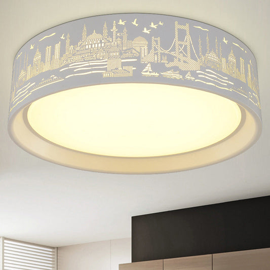 16.5"/20.5" Modern White Carved Metal Drum Flush Lamp with Metropolis Scene - LED Ceiling Light, Warm/White Light, Remote Control Dimming