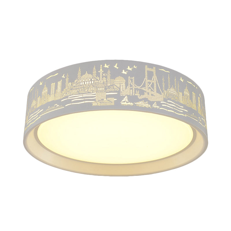 16.5"/20.5" Modern White Carved Metal Drum Flush Lamp with Metropolis Scene - LED Ceiling Light, Warm/White Light, Remote Control Dimming