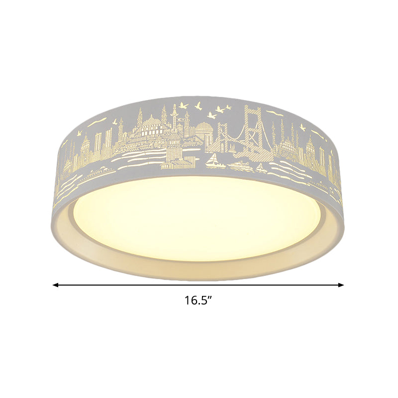 16.5"/20.5" Modern White Carved Metal Drum Flush Lamp with Metropolis Scene - LED Ceiling Light, Warm/White Light, Remote Control Dimming
