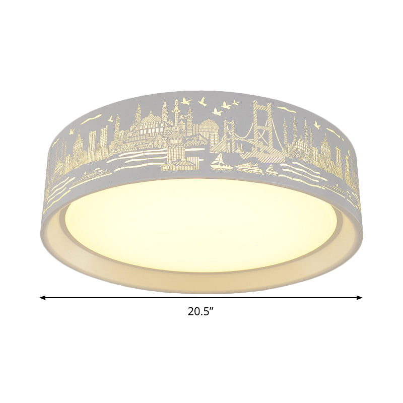 16.5"/20.5" Modern White Carved Metal Drum Flush Lamp with Metropolis Scene - LED Ceiling Light, Warm/White Light, Remote Control Dimming