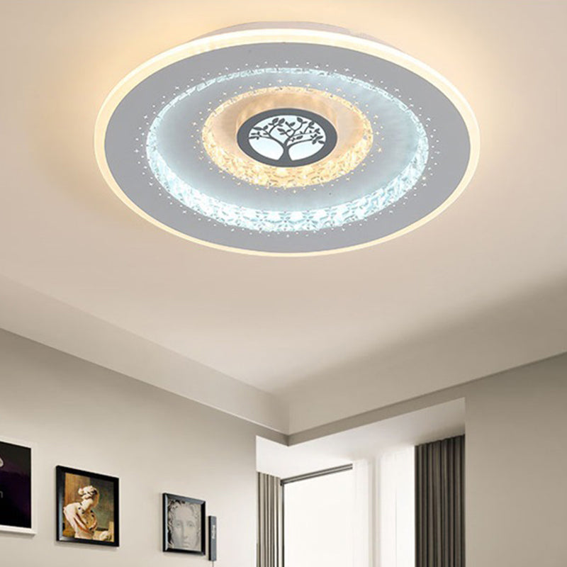 Modern White Round Crystal LED Ceiling Light with Tree Pattern - Flushmount Lighting in White/Warm Light