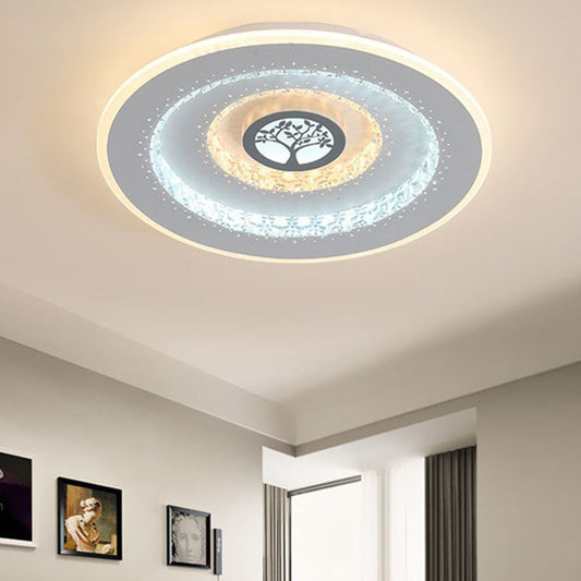 Modern White Round Crystal LED Ceiling Light with Tree Pattern - Flushmount Lighting in White/Warm Light