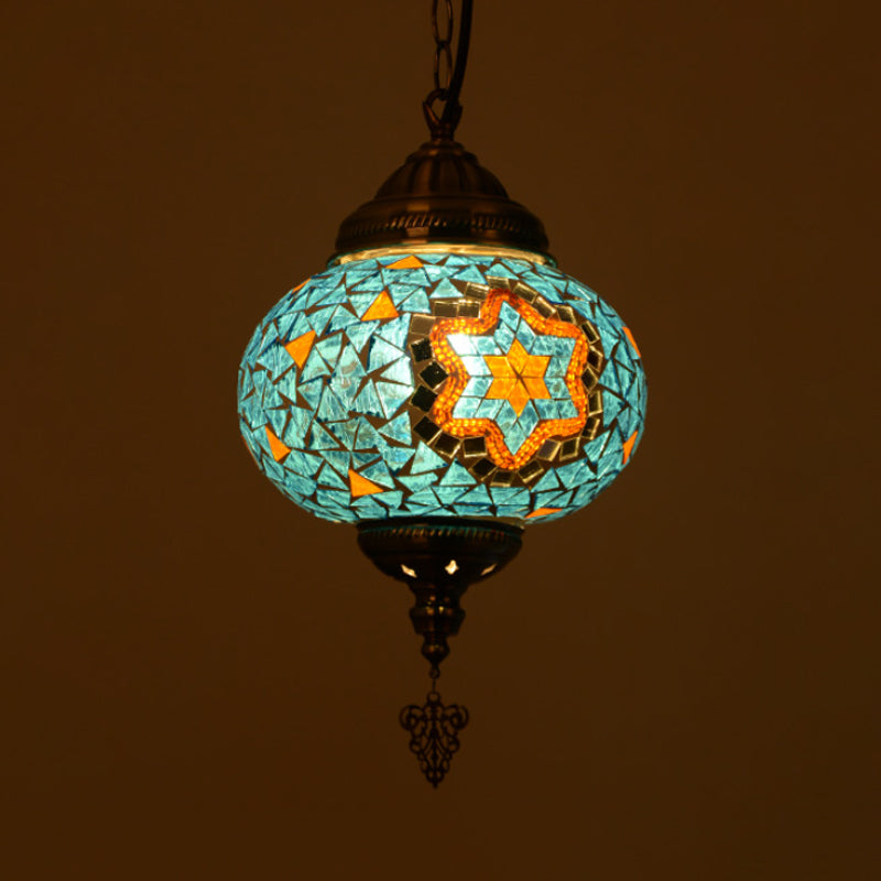 Vintage Stained Glass Spherical Hanging Pendant In Red/Blue/Yellow For Living Room
