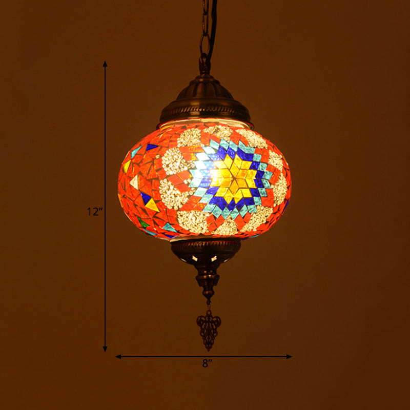 Vintage Stained Glass Spherical Hanging Pendant In Red/Blue/Yellow For Living Room