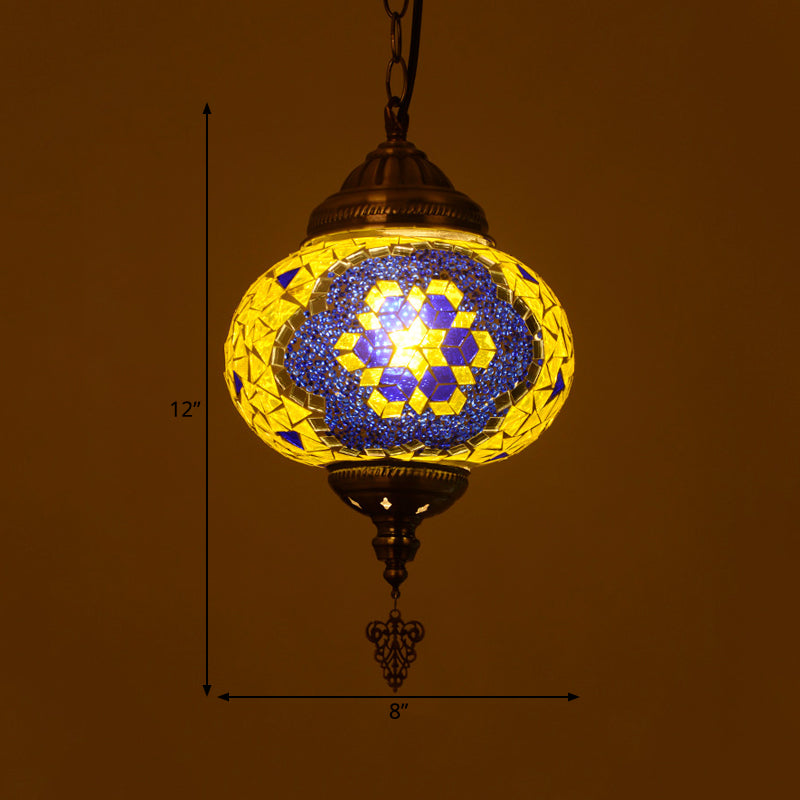 Vintage Stained Glass Spherical Hanging Pendant In Red/Blue/Yellow For Living Room