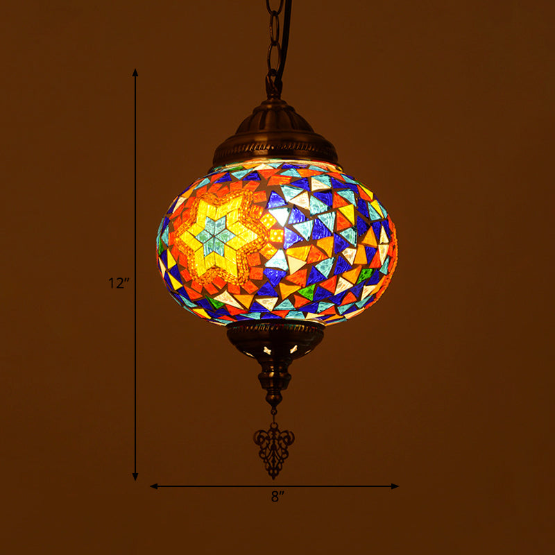 Vintage Stained Glass Spherical Hanging Pendant In Red/Blue/Yellow For Living Room