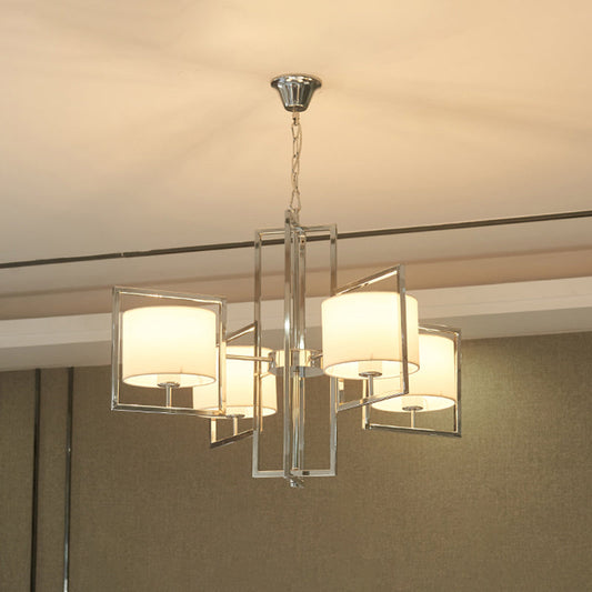 Lustre moderne en tissu avec abat-jour cylindrique chromé - Plafonnier de chambre à coucher à 4 lumières